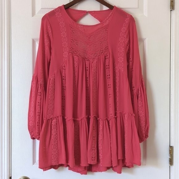 Free People Tops - Free People Sweetest Dream Embroidered Long Puff Sleeve Tiered Tunic Top Pink XS
